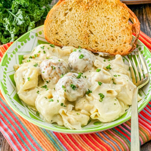 Slow cooker creamy meatballs with tortellini in a creamy sauce
