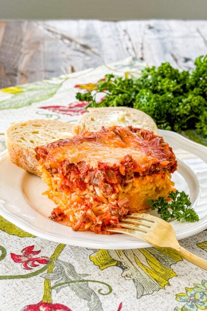 Slice of friendship spaghetti pie served on a plate
