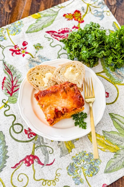 Overhead view of friendship spaghetti pie served on a plate