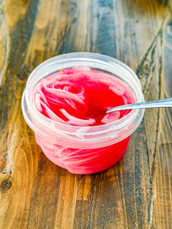 No boil quick pickled red onions in a container