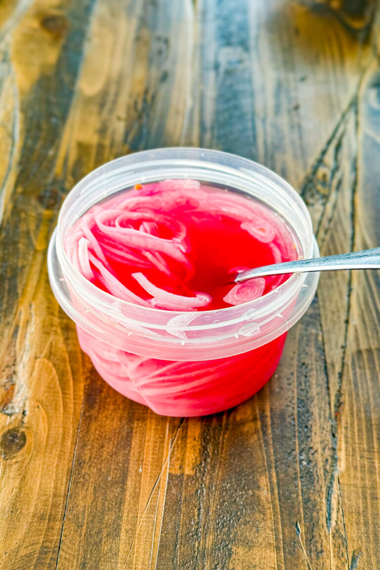 No boil quick pickled red onions in a container