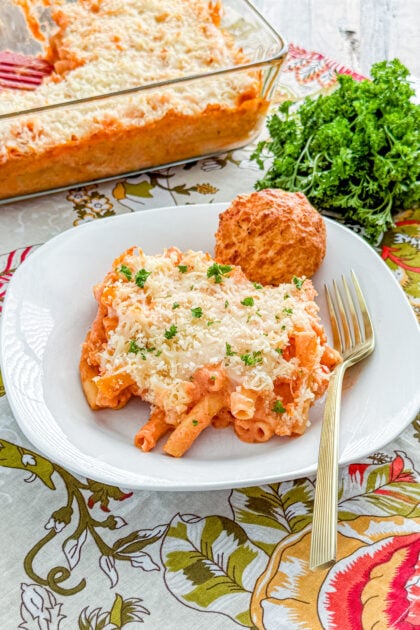 Baked five cheese ziti al forno with golden crispy cheese topping
