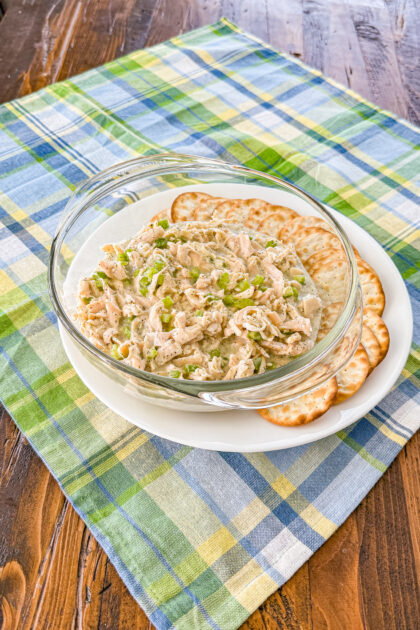 High protein ranch chicken salad in a serving bowl