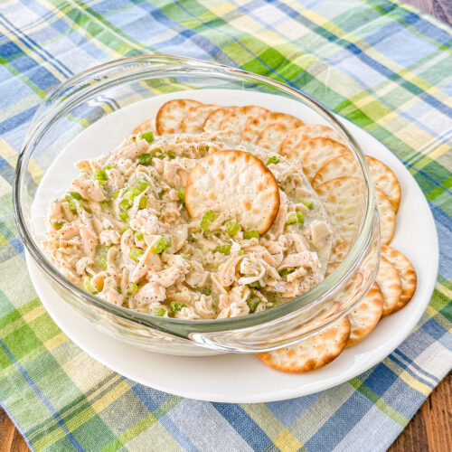 Close-up of ranch chicken salad with creamy dressing and celery