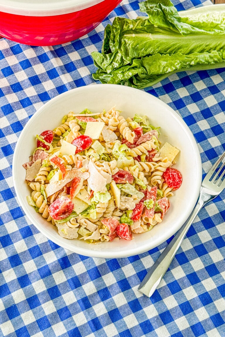 Overhead view of Italian grinder pasta salad in a bowl