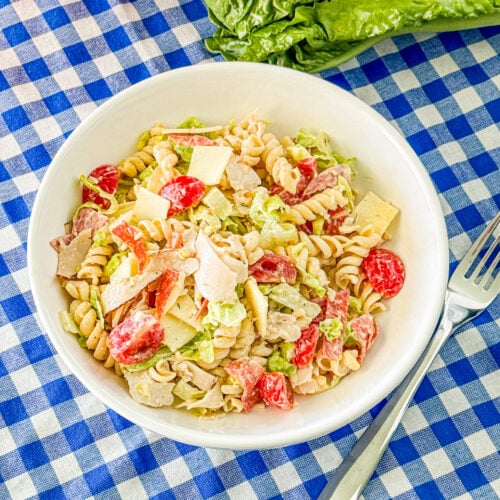 Serving of Italian grinder pasta salad in a bowl