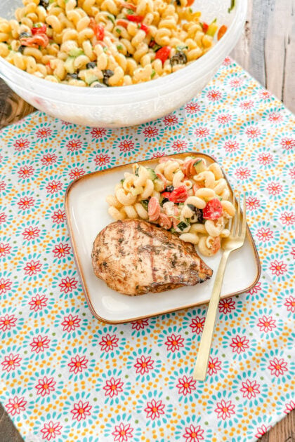 Overhead view of balsamic chicken marinade (freezer meal) grilled and on a plate