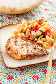 Grilled balsamic marinated chicken breasts on a plate