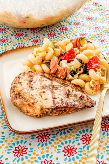 Grilled balsamic marinated chicken breasts on a plate