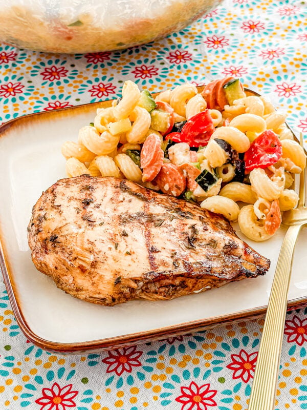 Grilled balsamic marinated chicken breasts on a plate
