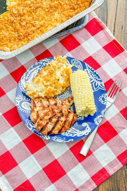 Overhead view of grilled barbecue chicken on a platter