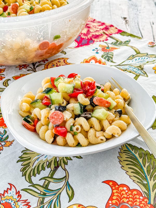 Serving of easy Italian pasta salad in a bowl