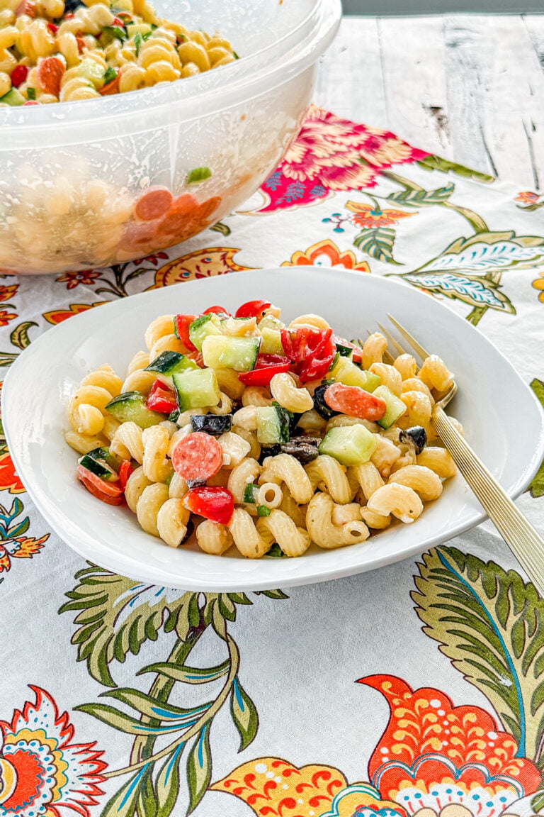 Serving of easy Italian pasta salad in a bowl