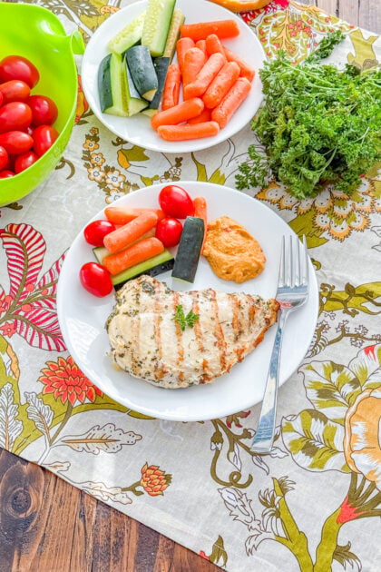 Overhead view of grilled Italian chicken on a plate