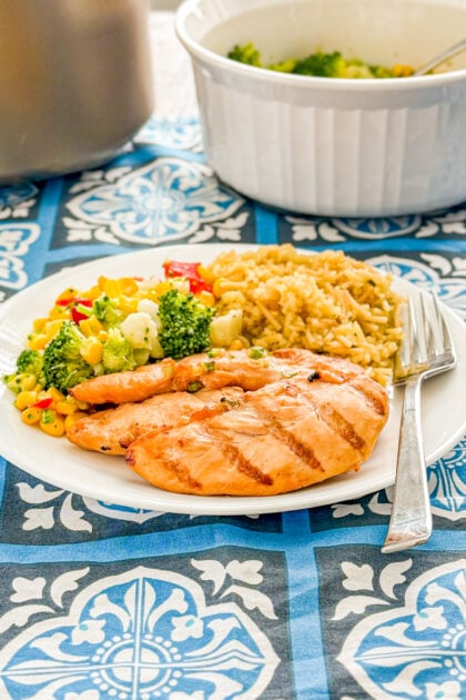Teriyaki marinated grilled chicken served with rice and vegetables