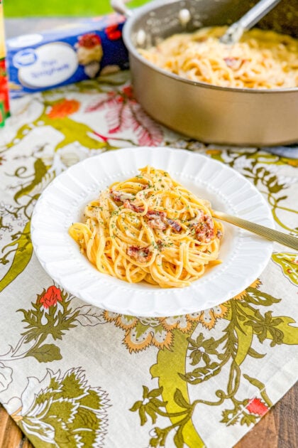 Bowl of creamy sun-dried tomato pasta topped with grated Parmesan