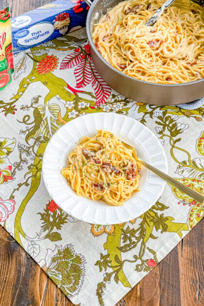 Creamy sun-dried tomato pasta made with basil and Parmesan cheese