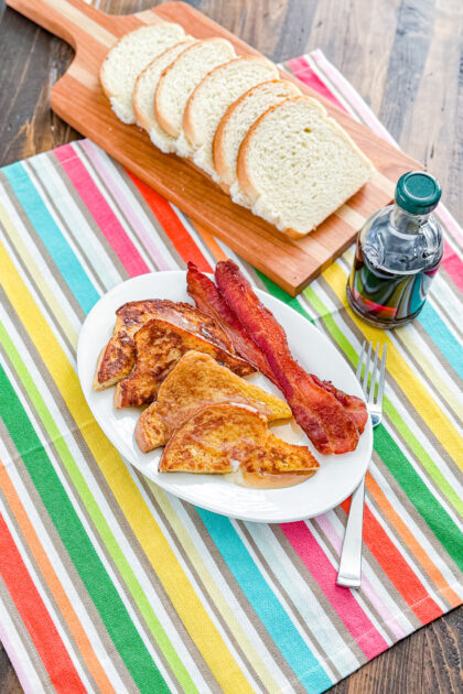 Overhead view of easy blender French toast with syrup
