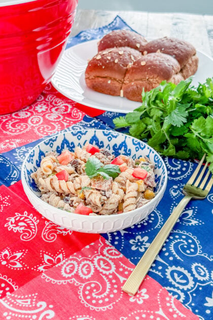 Serving of healthy cowboy pasta salad in a bowl