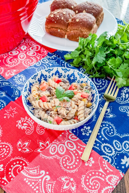 Serving of healthy cowboy pasta salad in a bowl