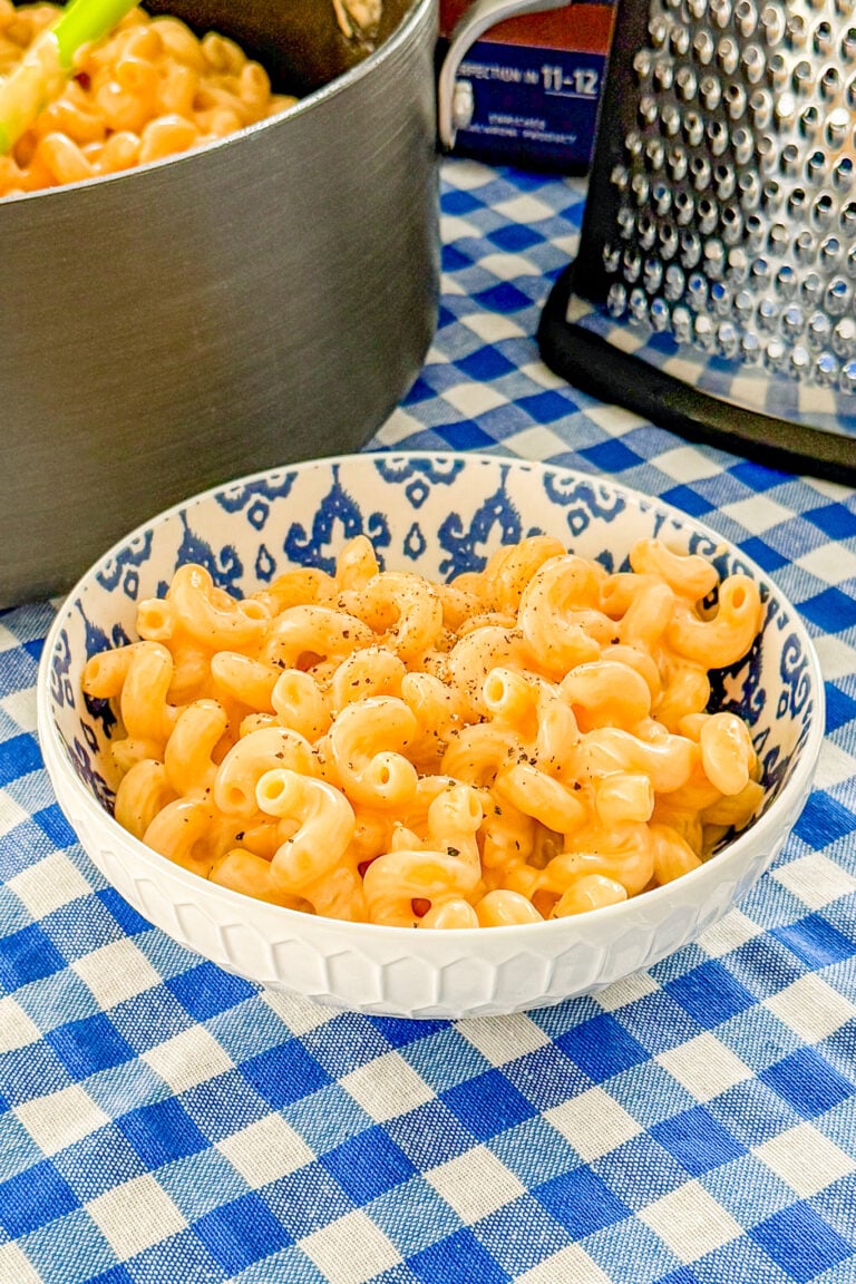 Serving of no roux stovetop mac and cheese in a bowl