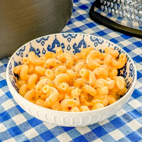 Creamy stovetop mac and cheese with melted cheese sauce coating the pasta