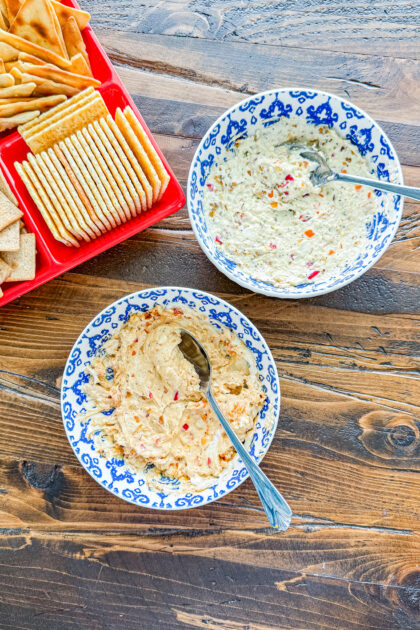 Smoked cream cheese mixed with chopped peppers for serving