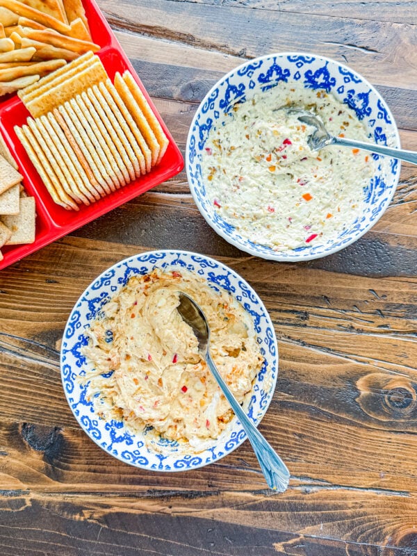 Smoked cream cheese mixed with chopped peppers for serving