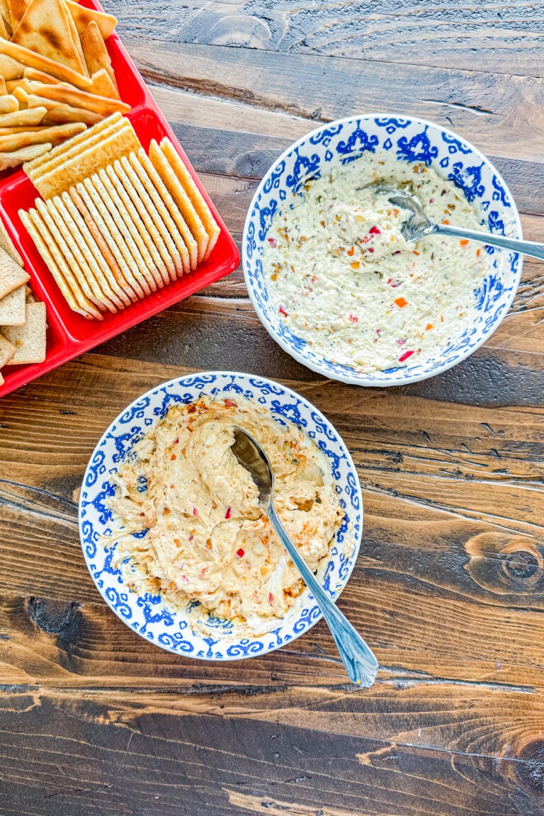 Smoked cream cheese mixed with chopped peppers for serving