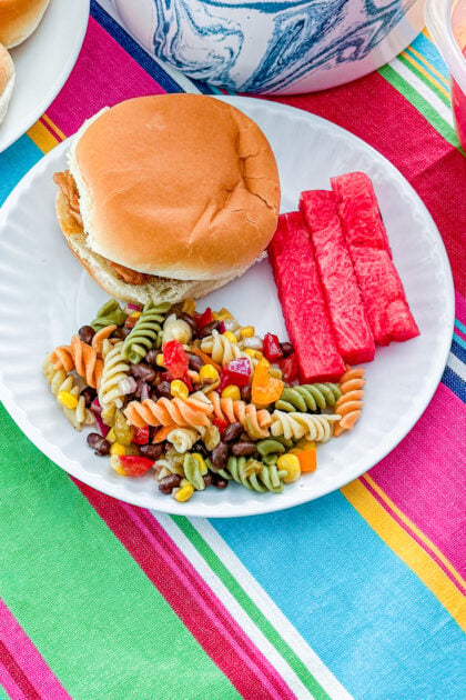 Southwestern pasta salad with tricolor rotini, black beans, corn, and homemade vinaigrette