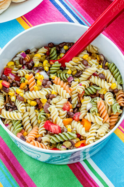 Overhead view of southwestern pasta salad in a large serving bowl
