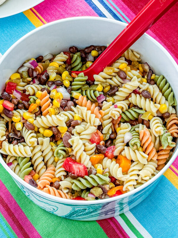 Overhead view of southwestern pasta salad in a large serving bowl
