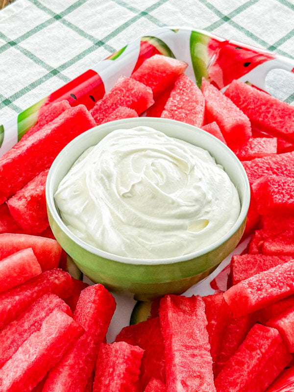 Watermelon fries served with fluffy fruit dip