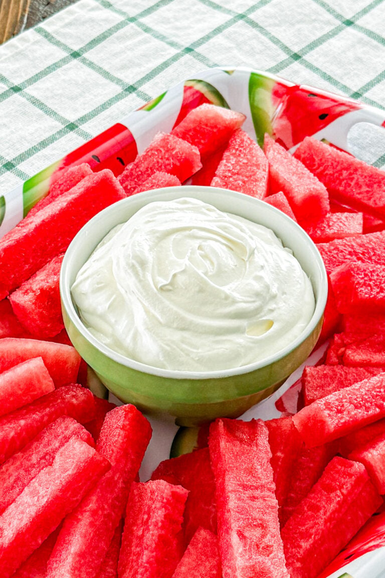 Watermelon fries served with fluffy fruit dip