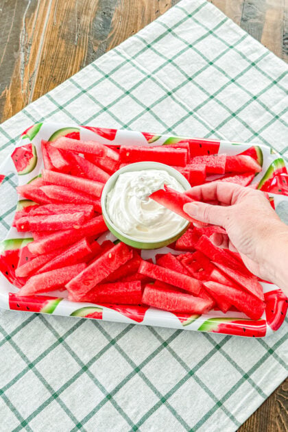 Watermelon fry dipped into fluffy fruit dip
