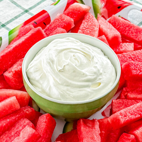 Watermelon fries served with fluffy fruit dip