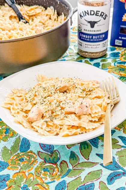 Creamy chicken pasta coated in cowboy butter sauce