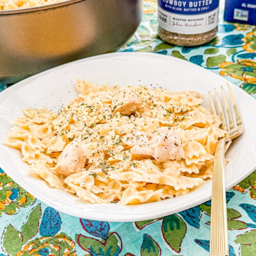 Bowl of creamy cowboy butter chicken pasta