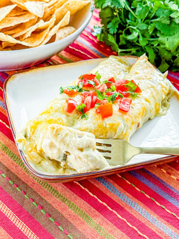 Creamy green chile chicken enchiladas topped with melted cheese, tomatoes, and cilantro
