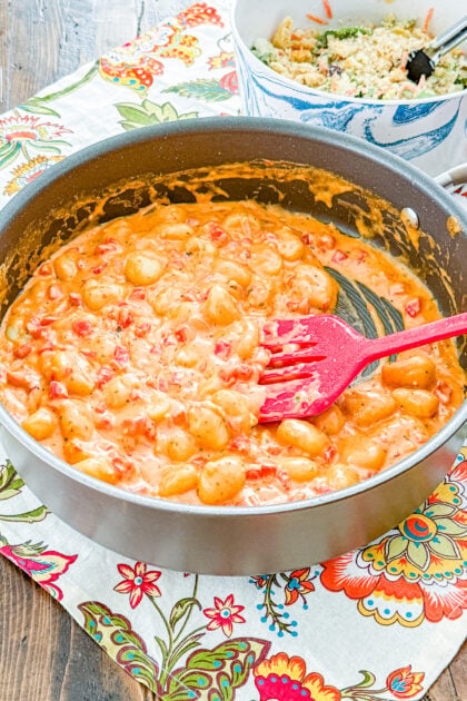One-pan creamy tomato gnocchi with tender potato gnocchi in a creamy tomato sauce