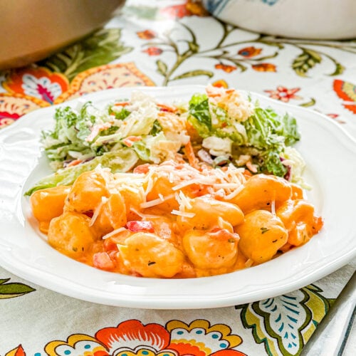 Close-up of creamy tomato gnocchi coated in tomato sauce and topped with Parmesan