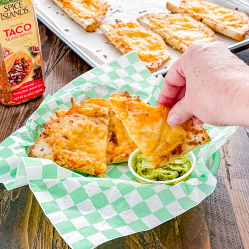 Flour tortillas filled with taco-seasoned chicken and cheddar Monterey Jack cheese