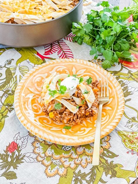 Serving of beef enchilada rice skillet with melted cheese, sour cream, and fresh cilantro