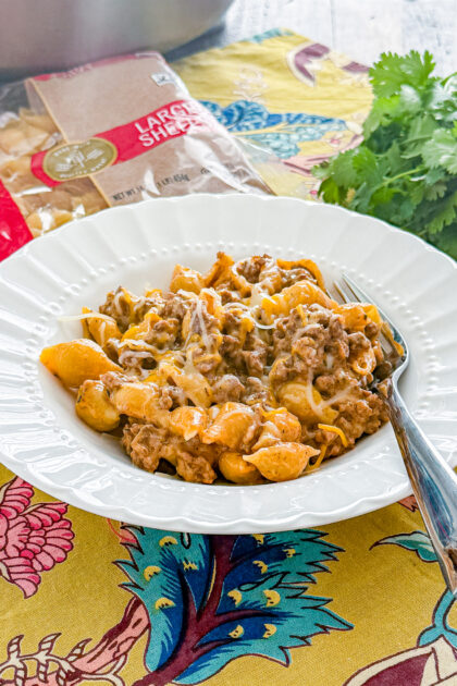 One pot creamy beef and shells with ground beef, cheddar, and Parmesan cheese