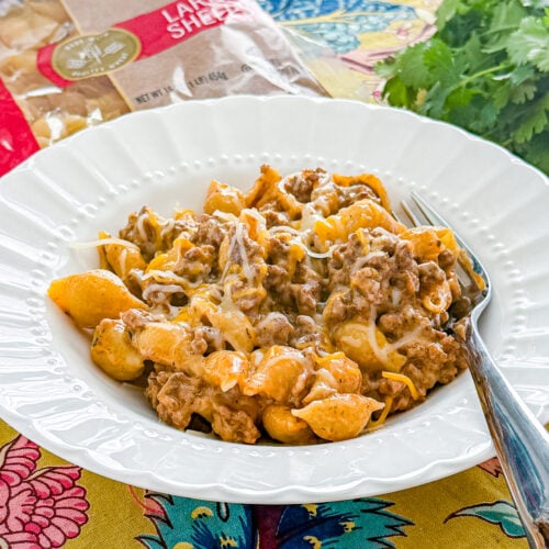 Close-up of creamy beef and pasta shells coated in a cheesy sauce