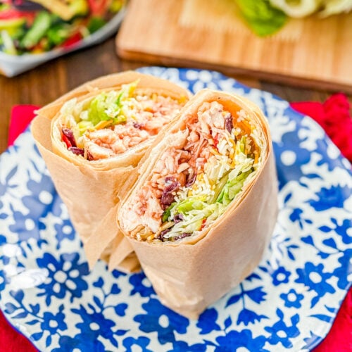 Platter of Whiskey River chicken wraps sliced in half and ready to serve