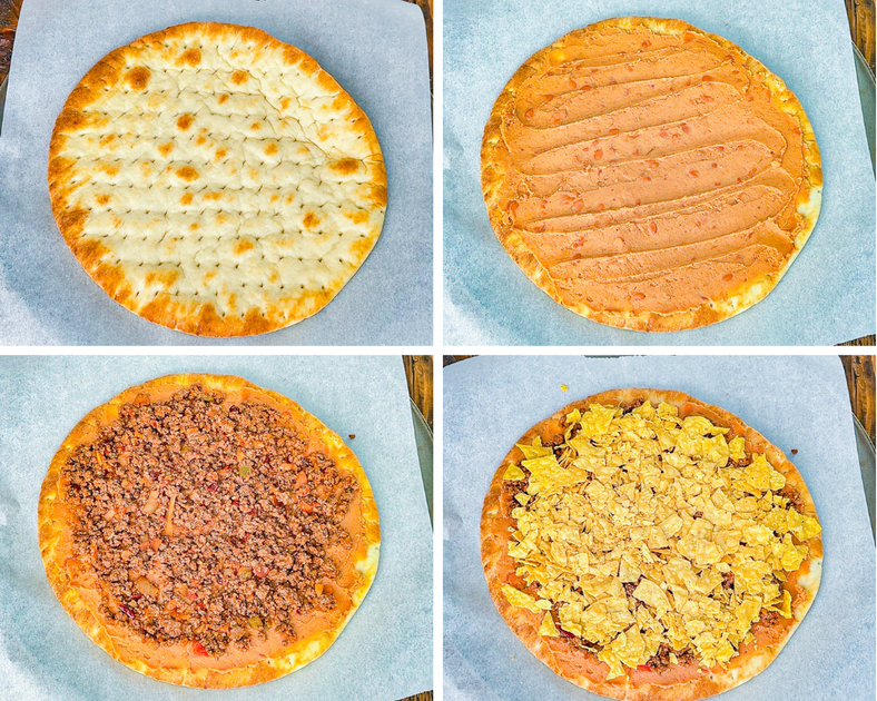Collage of the process of making taco pizza topped with refried beans, seasoned ground beef, and crushed tortilla chips