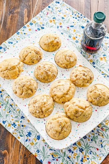 muffin pan of sausage pancake muffins served warm for breakfast