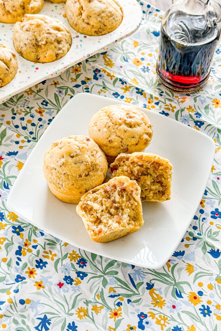 Sausage pancake muffins made with breakfast sausage, syrup, and pancake-style batter