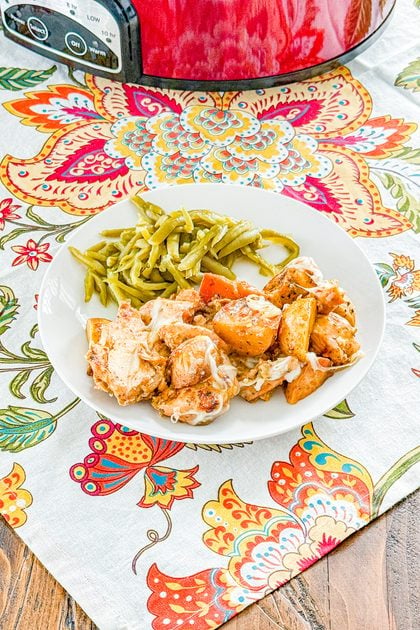 Chicken and petite gold potatoes coated in garlic Parmesan sauce
